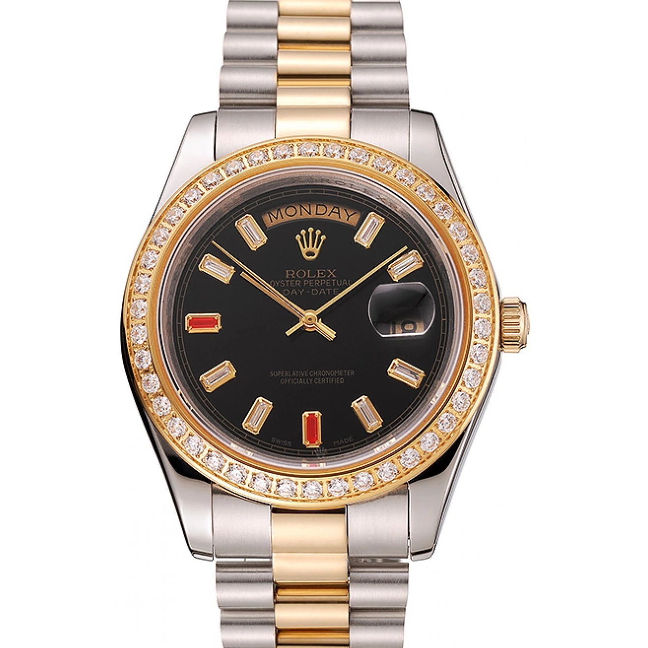 Bracelet Day-Date Tone Rubies Two Rolex 1454105 Dial Swiss Black And Diamonds 0701